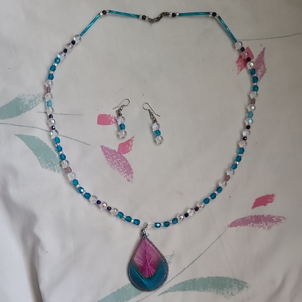 Elegant Blue and Pink Beaded Necklace Set